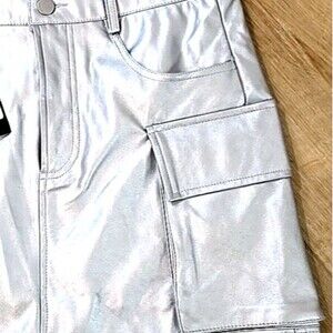 NWT Faux Leather Mini Skirt Sm Rocker Metallic Silver Cyber Cargo Club Rave Glam